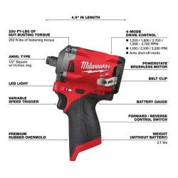 Llave de impacto Milwaukee M12 FUEL Stubby 1/2" 2555-20 - Solo Herramienta