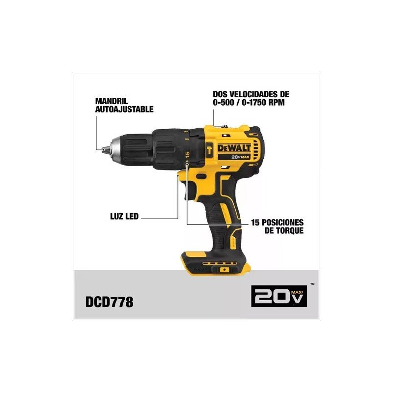Taladro Percutor Inalámbrico Dewalt DCD778 20v max Brushless - Solo ...