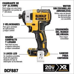 Atornillador De Impacto inalámbrico   Dewalt Xr  DCF887B 20v - Solo Herramienta